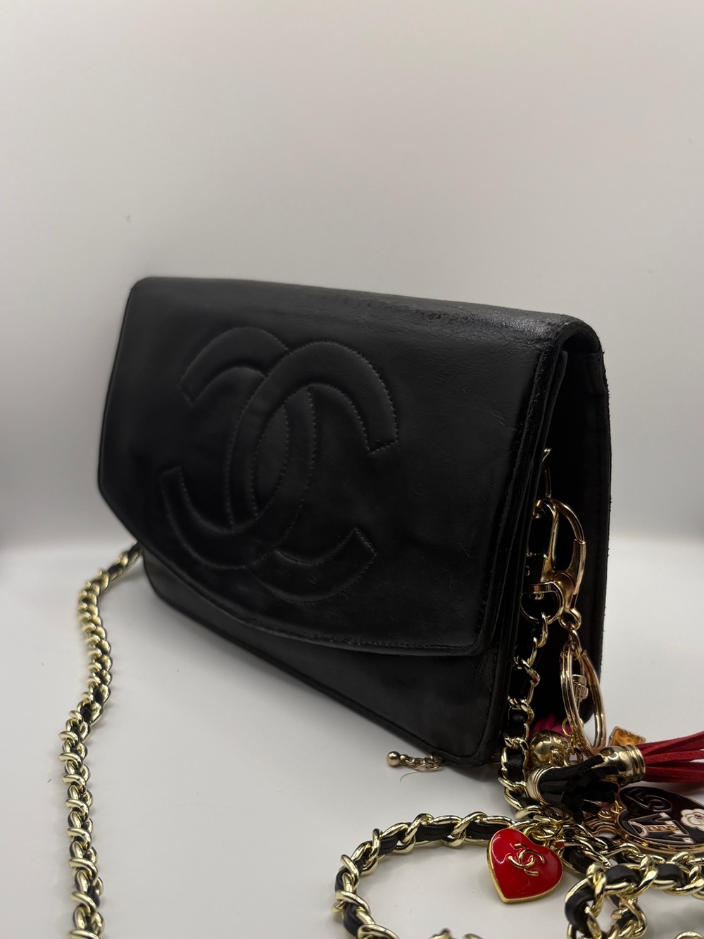 CHANEL Timeless Black Leather CC Fold-Over Wallet on Chain Shoulder Bag WOC